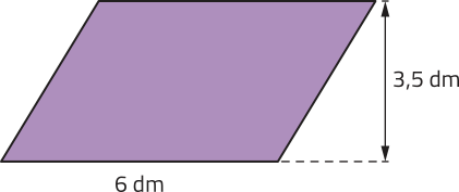 Imagem de paralelogramo com base = 6 decímetros e altura = 3,5 decímetros.