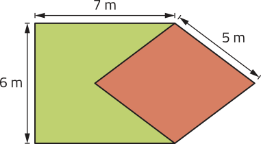 Imagem de figura composta por um polígono irregular verde de 5 lados, convexo, e por um losango vermelho, regular, de lados iguais a 5 metros. As medidas do polígono são as seguintes: 6, 7, 5, 5 e 7 metros, sendo os dois lados de 5 metros compartilhados com o losango.