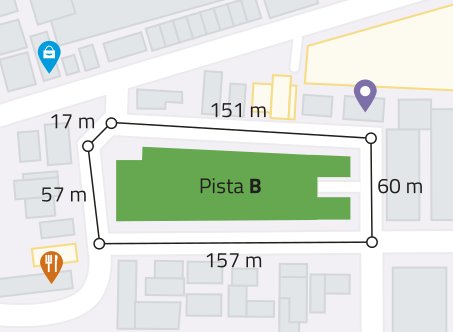 Imagem de um mapa com uma rota traçada, representando a pista B, que é um circuito fechado com 5 trechos de rota. Cada trecho tem as seguintes distâncias: 17, 151, 60, 157 e 57 metros.