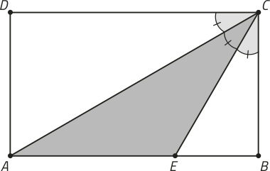 Imagem do retângulo A B C D. A diagonal A C está traçada. Há também um ponto E, em A B, mais próximo de B, e há uma semirreta C E traçada, formando o triângulo A C E. O vértice C tem 90 graus e está dividido em 3 ângulos iguais, sendo um deles pertencente ao vértice C do triângulo A C E.