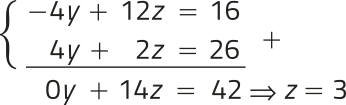 Imagem de um conjunto de expressões, dispostas em 3 linhas.  As duas primeiras linhas formam um sistema linear. A terceira linha é obtida somando a linha 1 com a linha 2. As expressões são: linha 1: menos 4 y mais 12 z igual a 16; linha 2: 4 y mais 2 z igual a 26; linha 3: 0 y mais 14 z igual a 42; resultado: z igual a 3.
