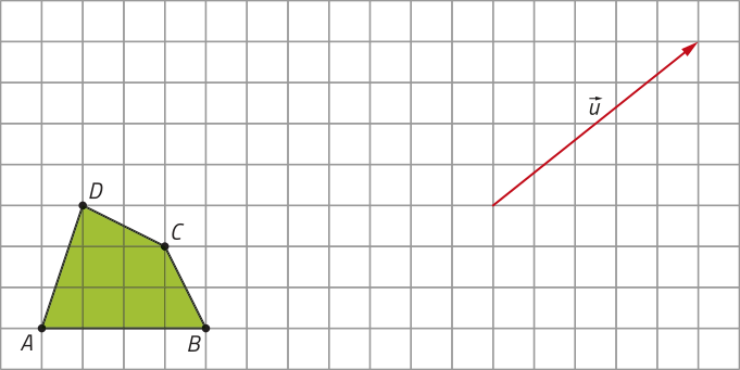 Imagem de um quadrilátero irregular em malha quadriculada com 9 quadrados de altura por 18 quadrados de largura. O quadrilátero tem vértices identificados como A, B, C e D e está posicionado no canto inferior esquerdo da imagem. No canto superior direito, há uma seta representando um vetor u, que aponta 5 quadrados para a direita e 4 quadrados para cima.