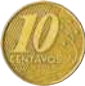 Imagem de uma moeda de 10 centavos, de formato circular. No centro, há o número 10 em destaque, acompanhado da palavra 'centavos' logo abaixo.