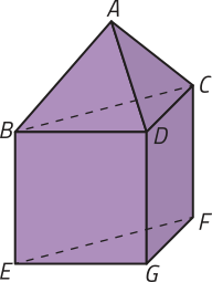 Imagem de uma pirâmide sobre um prisma de base triangular, formando uma composição entre um prisma e uma pirâmide. As faces laterais da pirâmide são triangulares e seu vértice superior é identificado como A. O prisma tem duas bases triangulares: a base inferior é o triângulo E F G, e a base superior é o triângulo B C D. Todas suas faces laterais são retangulares.