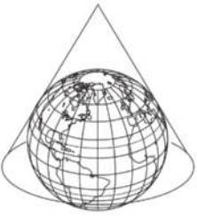 Desenho de um globo terrestre. Ao redor dele, há um cone, com o eixo alinhado ao eixo do globo.