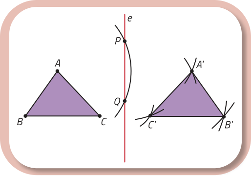 Mesma imagem descrita anteriormente. Agora, os pontos A linha, B linha e C linha estão ligados, formando um triângulo idêntico ao triângulo original A B C, localizado à esquerda da reta vertical, porém espelhado em relação a ela.