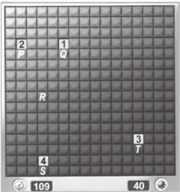 Imagem de um tabuleiro quadriculado com 16 quadrados de altura por 16 quadrados de largura. Algumas casas do tabuleiro estão reveladas e exibem números ou letras. As letras presentes no tabuleiro são: P, Q, R, S e T. Elas estão posicionadas da seguinte forma: P está abaixo de uma casa com o número 2; Q aparece abaixo de uma casa com o número 1; R está sozinha, sem números visíveis ao redor; T está abaixo de uma casa com o número 3; e S aparece abaixo de uma casa com o número 4. Na parte inferior da imagem, há dois painéis digitais: o da esquerda exibe o número 109, acompanhado do símbolo de um relógio; e o da direita mostra o número 40, com o símbolo de uma mina.