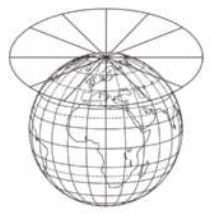 Desenho de um globo terrestre. Sobre ele, tangente ao topo, há uma superfície circular com linhas radiais.