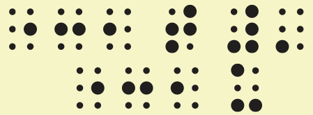 Imagem composta por 5 termos escritos em braille. Os termos são os seguintes: termo 1: possui 3 letras; da esquerda para a direita, as celas braille têm os pontos: primeira 5; segunda 2 5; terceira 2; termo 2: possui apenas 1 letra, com os pontos 2 3 4 5; termo 3: possui duas letras, com os pontos: primeira 3 4 5 6; segunda 3; termo 4: igual o termo 1; termo 5: possui apenas uma letra, com os pontos 1 3 6.
