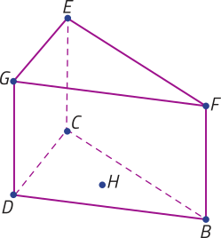Imagem de um prisma de base triangular, definido pelos vértices B C D E F G. As bases do prisma são: triângulo C B D, inferior, e triângulo E F G, superior. As arestas verticais ligam os vértices correspondentes das bases: C a E, B a F e D a G, formando o corpo do prisma. O ponto H está localizado no interior da base inferior, sem tocar nenhuma das arestas.
