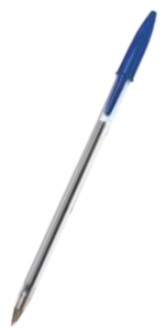 Imagem de uma caneta esferográfica com corpo cilíndrico alongado, ponta metálica e tampa colocada sobre a extremidade oposta à ponta.