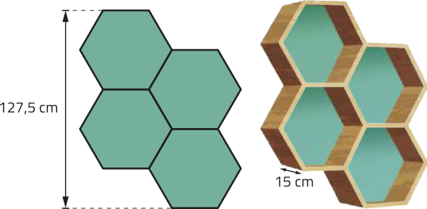 Imagem composta por duas partes. À esquerda, há um arranjo plano de quatro hexágonos regulares, dispostos em dois pares intercalados, formando uma figura com altura total de 127,5 centímetros. À direita, há uma estante composta por nichos hexagonais, com o mesmo formato do arranjo, e profundidade de 15 centímetros.
