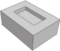 Imagem de um bloco retangular visto em perspectiva, com um rebaixo retangular no centro da face superior. O rebaixo acompanha o formato do bloco e cria uma borda elevada na parte superior do bloco.
