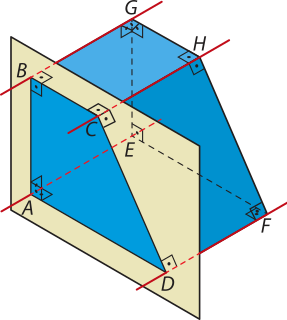 Imagem anterior. Agora, apenas a superfície correspondente à face A B C D está representada. Também estão destacadas as arestas perpendiculares a essa face: A E, B G, D F e C H.