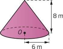 Imagem de um cone com altura de 8 metros e raio da base de 6 metros. O centro da base é identificado como O.