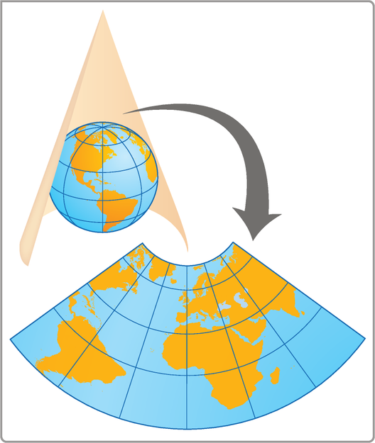 A imagem é composta por duas partes. Na parte superior esquerda, há um globo parcialmente envolvido por uma superfície em forma de cone. Uma seta curva parte do cone e aponta para baixo. Na parte inferior, há uma superfície em formato de setor circular com o desenho dos continentes. Linhas curvas e radiais marcam a divisão dessa superfície em setores.