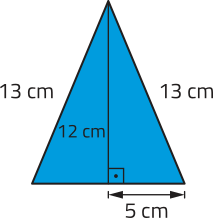 Imagem de um triângulo isósceles com altura de 12 centímetros e arestas laterais de 13 centímetros. A altura divide a base em dois segmentos de 5 centímetros.