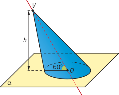 Imagem de um cone oblíquo apoiado sobre uma superfície retangular horizontal, identificada como alfa. O cone possui base circular com centro em O e altura indicada por h. O eixo do cone, representado por uma linha tracejada que liga o vértice superior ao centro da base, forma um ângulo de 60 graus com a superfície alfa.