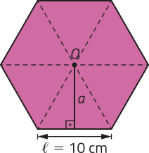 Imagem de um hexágono regular com lados medindo 10 centímetros. O hexágono é formado por 6 triângulos equiláteros. A altura de um desses triângulos está indicada pela letra a.