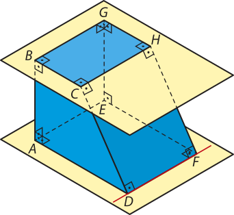 Imagem anterior. As superfícies representadas agora correspondem às bases inferior, A E F D, e superior, B G H C. A aresta D F, localizada na base inferior, também está em destaque.