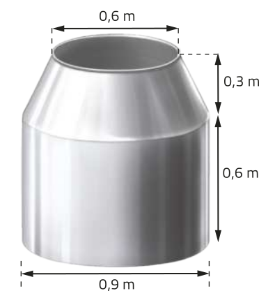 Imagem de um objeto metálico composto por um tronco de cone sobre um cilindro. A parte inferior é um cilindro com 0,9 metro de diâmetro e 0,6 metro de altura. A parte superior é um tronco de cone com diâmetro menor de 0,6 metro e altura de 0,3 metro.