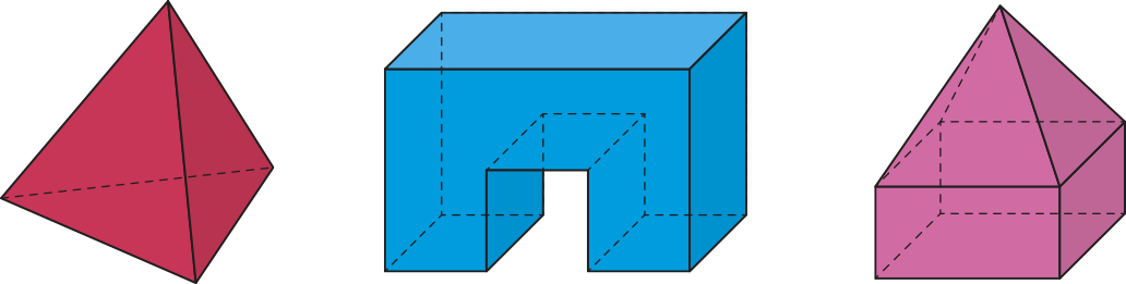 Imagem de três sólidos geométricos, dispostos lado a lado. À esquerda, uma pirâmide de base triangular. Ao centro, um bloco retangular com um recorte também retangular na região central da base, formando uma estrutura semelhante à letra U invertida. À direita, uma pirâmide sobre um prisma de base quadrada, formando uma composição entre um prisma e uma pirâmide.