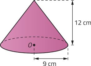 Imagem de um cone de altura 12 centímetros e raio da base 9 centímetros. O centro da base é identificado como ponto O.