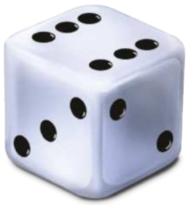 Imagem de um dado com 6 faces quadradas, em formato de cubo, com as faces 2, 3 e 6 visíveis.