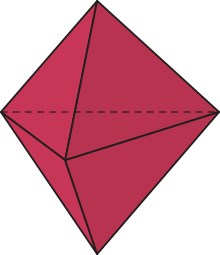 Imagem de um sólido geométrico com formato de bipirâmide de base triangular. O sólido é formado por duas pirâmides unidas pela base, que tem formato triangular. Todas as faces são triângulos.