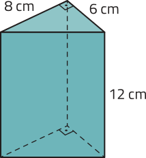 Imagem de um prisma de base triangular, com altura de 12 centímetros. Sua base é um triângulo retângulo com os catetos medindo 6 e 8 centímetros.