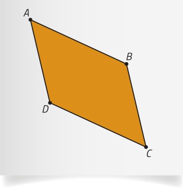 Imagem de um quadrilátero com vértices identificados como A, B, C e D. O vértice A está no canto superior esquerdo, e os demais seguem no sentido horário. A distância entre os vértices A e C é maior que a distância entre B e D.