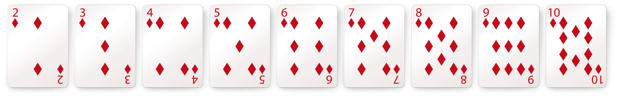 Imagem de nove cartas de baralho dispostas lado a lado, todas do naipe de ouros. As cartas estão organizadas em ordem crescente, do 2 ao 10.