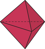Imagem de um sólido geométrico com formato de bipirâmide de base triangular. O sólido é formado por duas pirâmides unidas pela base, que tem formato triangular. Todas as faces são triângulos.
