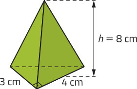 Imagem de uma pirâmide de base triangular, com altura h igual a 8 centímetros. A base é um triângulo retângulo com catetos medindo 3 e 4 centímetros.