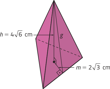 Imagem anterior. Agora, do ponto médio onde o segmento m encontra a aresta da base, é traçado outro segmento até o vértice da pirâmide. Esse novo segmento é identificado como g.