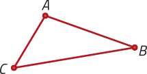 Imagem de um triângulo com vértices A, B e C. O ponto A está posicionado no topo da figura; o ponto B, à direita; e o ponto C, à esquerda, ligeiramente abaixo dos outros dois.