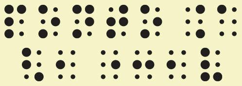 Imagem composta por 4 termos escritos em braille. Os termos são os seguintes: termo 1: possui 5 letras; da esquerda para a direita, as celas braille têm os pontos: primeira 1 2 3 4; segunda 1 3 5; terceira 1 3 4 5; quarta 2 3 4 5; quinta 1 3 5; termo 2: possui 2 letras, cujos pontos são: primeira 4 6; segunda 1; termo 3: também possui 2 letras, com os pontos: primeira 1 2 6; segunda 2; termo 4: possui 4 letras; os pontos são: primeira 5; segunda 2 5; terceira 2; quarta 1 2 3 6.