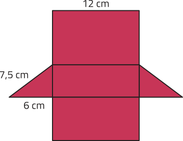 Imagem de uma figura plana composta por 3 retângulos e 2 triângulos. Os 3 retângulos estão alinhados verticalmente, com mesma largura de 12 centímetros e alturas diferentes. Nas laterais do retângulo central, há dois triângulos retângulos, um de cada lado. A base de cada triângulo está na horizontal e mede 6 centímetros, e a hipotenusa mede 7,5 centímetros.