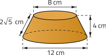 Imagem de um tronco de cone com 4 centímetros de altura. O diâmetro da base maior mede 12 centímetros, o diâmetro da base menor mede 8 centímetros, e a geratriz mede 2 raiz de 5 centímetros.
