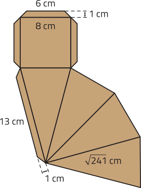 Imagem composta por várias formas geométricas. Na parte superior, há um quadrado com lados medindo 8 centímetros. Acima desse quadrado e nas suas laterais, estão posicionados trapézios isósceles que compartilham as arestas com o quadrado. Cada trapézio tem base menor de 6 centímetros e altura de 1 centímetro. Abaixo do quadrado, unido por sua aresta inferior, há um triângulo isósceles com lados medindo raiz de 241 centímetros. Na lateral esquerda desse triângulo, há um trapézio isósceles com base menor de 13 centímetros e altura de 1 centímetro. Na lateral direita, estão dispostos outros três triângulos isósceles idênticos, conectados por suas arestas laterais.