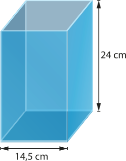 Imagem de um prisma de base quadrada. Os lados da base medem 14,5 centímetros, e a altura do prisma é de 24 centímetros.