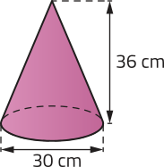 Imagem de um cone com altura de 36 centímetros e diâmetro da base de 30 centímetros.