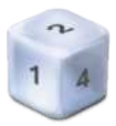 Imagem de um dado de 6 faces, em formato de cubo, com os números 1, 2 e 4 visíveis no centro das faces.