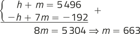 Imagem de um sistema de equações resolvido pelo método da adição. Primeira equação: h mais m igual a 5.496. Segunda equação: menos h mais 7 m igual a menos 192. Somando as duas equações, obtemos: 8 m igual a 5.304, resultando em m igual a 663.