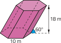 Imagem de um prisma oblíquo de base hexagonal. As bases do prisma são formadas por hexágonos regulares, com arestas medindo 10 metros, e as faces laterais são paralelogramos. A altura do prisma é de 18 metros, e ele está inclinado, de modo que uma de suas arestas laterais forme um ângulo de 60 graus com a horizontal.