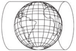 Desenho de um globo terrestre. Ao redor dele, há um cilindro com o eixo na horizontal.