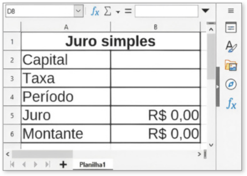 Imagem de uma planilha eletrônica com uma tabela de 6 linhas e 2 colunas. Na primeira linha temos o título 'juro simples'. As demais linhas são divididas em duas colunas. À esquerda temos: capital, taxa, período, juro, montante. À direita, as células estão vazias, com exceção das duas últimas que exibem o valor de R$ 0,00.
