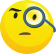 Imagem de emoji com sobrancelhas arqueadas, um dos olhos ampliado por uma lupa e boca fechada, em expressão de desconfiança.