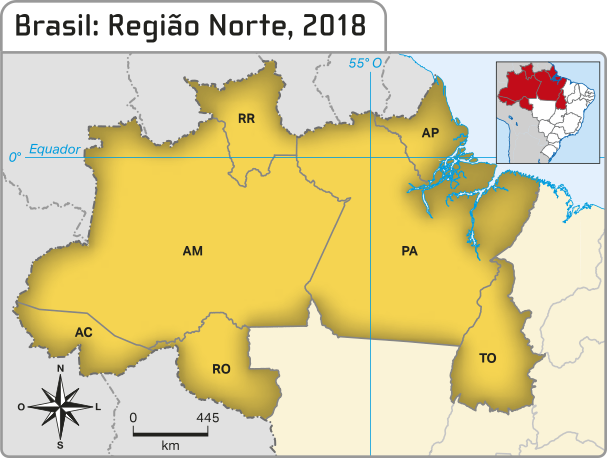 Mapa 'Brasil: Região Norte, 2018'. O mapa mostra o Brasil, com destaque para a região norte. Os sete estados da região estão destacados, com suas siglas identificadas. No centro, estão os dois maiores estados: A M à esquerda, e P A, à direita. À esquerda de A M, na parte inferior, está A C. Abaixo de A M, próximo, mas não encostado em A C, temos R O. Acima e à direita de A M, também encostado em P A, temos R R. À direita e acima de P A, temos A P e, abaixo e à direita de P A, temos T O.