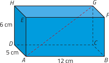 Imagem de um paralelepípedo retângulo, com vértices nomeados de A a H. A base inferior é o retângulo A B C D e a base superior é o retângulo E F G H. As arestas A B e C D, na base inferior, medem doze e 5 centímetros, respectivamente, e a aresta lateral D H mede seis centímetros. Há uma diagonal espacial traçada do vértice A até o vértice G, localizado no extremo oposto do sólido.